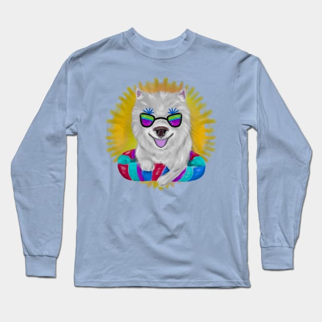 Pomeranian dog on pool party Long Sleeve T-Shirt by Antiope